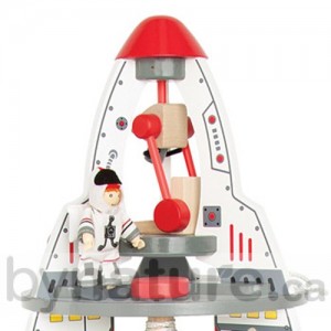 Wooden toy spaceship with wooden figures